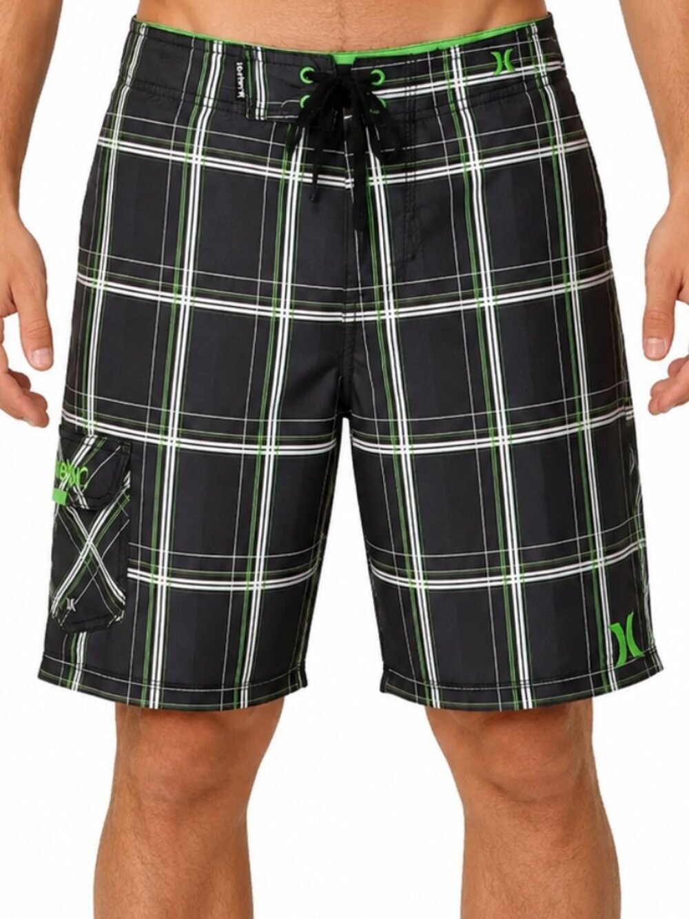Hurley Board Shorts Men's 35 Black Plaid Surf Swim Cargo Drawstring, 22.5" Long